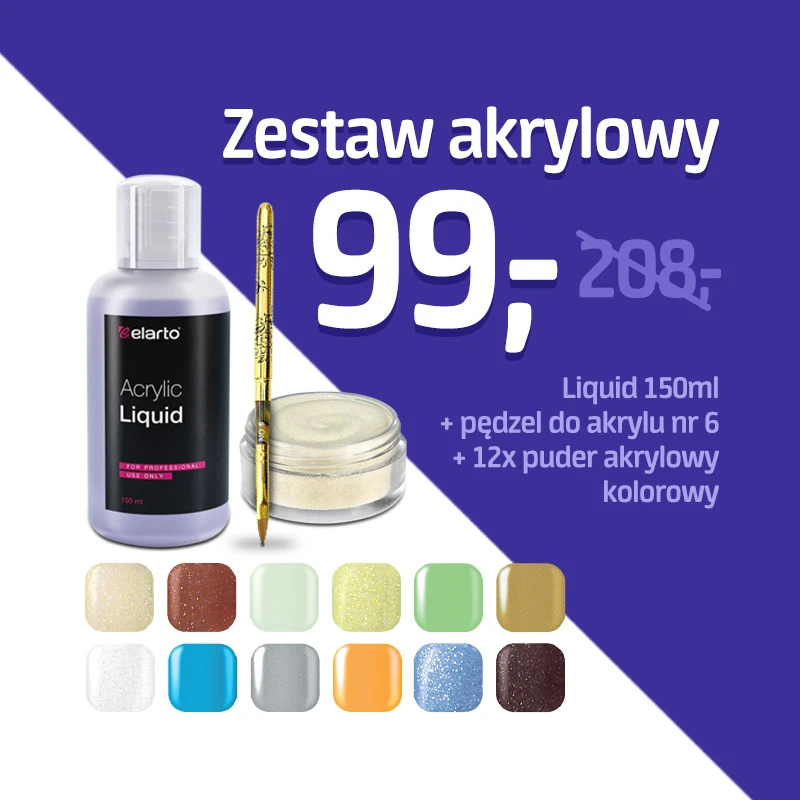 Zestaw akrylowy: liquid, pędzel, 12xpuder akrylowy