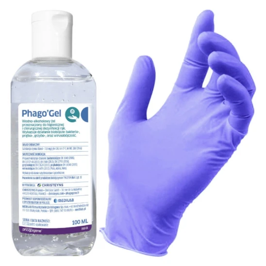Rękawiczki nitrylowe (L lub XL) 100szt + żel PhagoGel do dezynfekcji 100ml