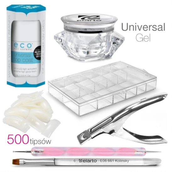 Zestaw do stylizacji paznokci (żel 50g, top 15ml, tipsy 500szt, akcesoria)
