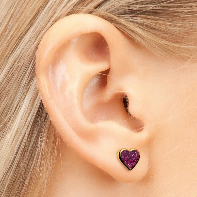 Kolczyk do przekłuwania uszu 7523-3565-EU Różowe Serce w złotej oprawie